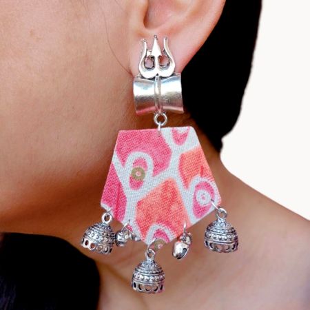 Orange Printed Floral Trishul Charm Earrings